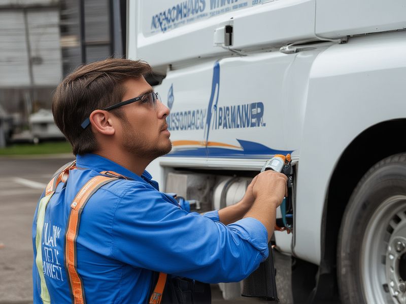 Professional truck painter working with precision tools in workshop