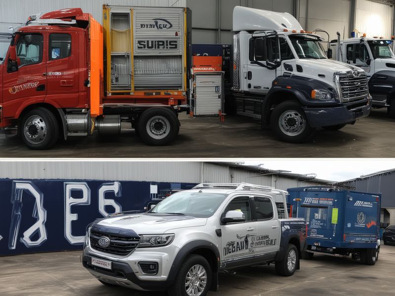 Professional truck painting workshop with spray equipment and workspace
